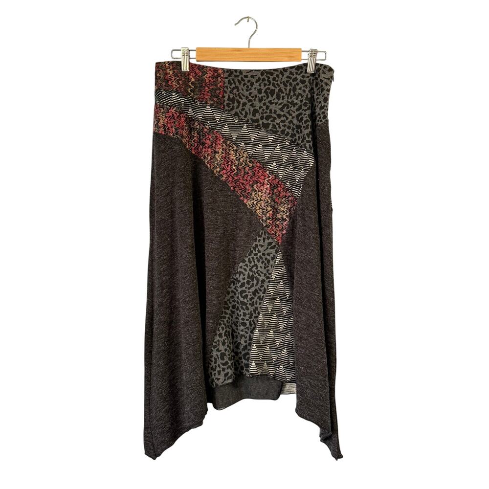 VTG Sacred Thread Patchwork Mixed Media Asymmetrical Zip Stretch Midi Skirt M